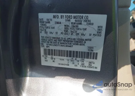 2010 Ford Escape Xlt из США, поврежденный, VIN 1FMCU9D77AKC89487